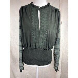 Gimmicks by BKE Boho Chic Western Embroidered Smocked Peasant Blouse Green Sm